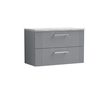 Retro 2 Drawer Wall Hung Vanity Unit with Bellato Grey Laminate Worktop - 800mm - Satin Grey - Balterley