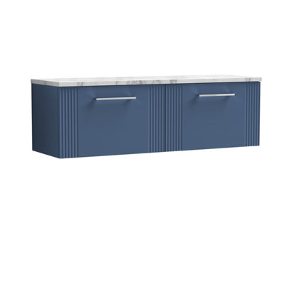 Retro 2 Drawer Wall Hung Vanity Unit with Carrera Marble Laminate Worktop - 1200mm - Satin Blue - Balterley