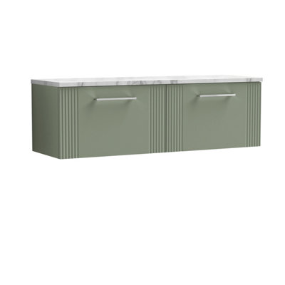 Retro 2 Drawer Wall Hung Vanity Unit with Carrera Marble Laminate Worktop - 1200mm - Satin Green - Balterley