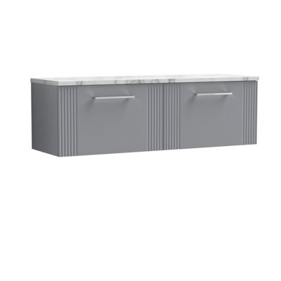 Retro 2 Drawer Wall Hung Vanity Unit with Carrera Marble Laminate Worktop - 1200mm - Satin Grey - Balterley