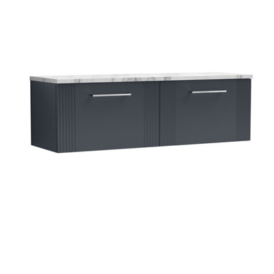 Retro 2 Drawer Wall Hung Vanity Unit with Carrera Marble Laminate Worktop - 1200mm - Satin Soft Black - Balterley