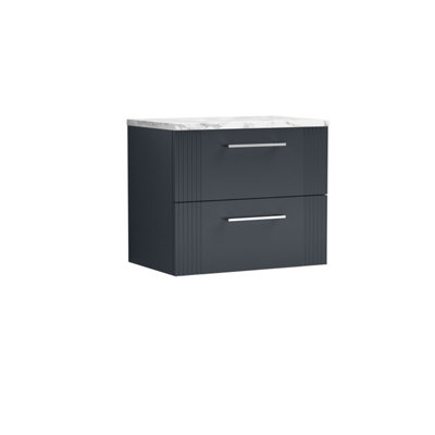 Retro 2 Drawer Wall Hung Vanity Unit with Carrera Marble Laminate Worktop - 600mm - Satin Dark Grey - Balterley