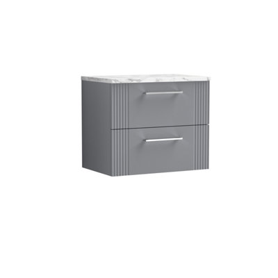 Retro 2 Drawer Wall Hung Vanity Unit with Carrera Marble Laminate Worktop - 600mm - Satin Grey - Balterley