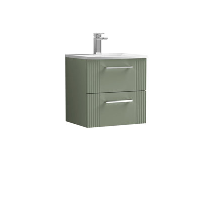 Retro 2 Drawer Wall Hung Vanity Unit with Curved 1 Tap Hole Ceramic Basin - 500mm - Satin Green - Balterley