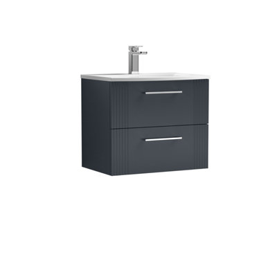 Retro 2 Drawer Wall Hung Vanity Unit with Curved 1 Tap Hole Ceramic Basin - 600mm - Satin Dark Grey - Balterley