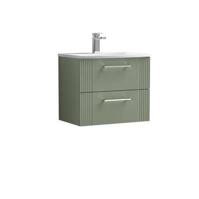 Retro 2 Drawer Wall Hung Vanity Unit with Curved 1 Tap Hole Ceramic Basin - 600mm - Satin Green - Balterley