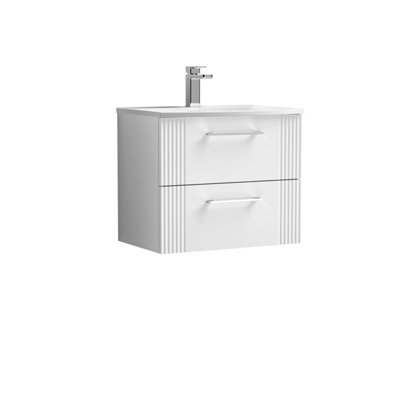 Retro 2 Drawer Wall Hung Vanity Unit with Curved 1 Tap Hole Ceramic Basin - 600mm - Satin White - Balterley