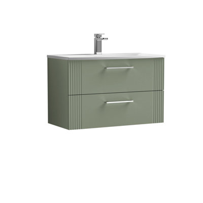 Retro 2 Drawer Wall Hung Vanity Unit with Curved 1 Tap Hole Ceramic Basin - 800mm - Satin Green - Balterley