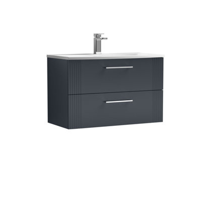 Retro 2 Drawer Wall Hung Vanity Unit with Curved 1 Tap Hole Ceramic Basin - 800mm - Satin Soft Black - Balterley