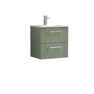 Retro 2 Drawer Wall Hung Vanity Unit with Minimalist 1 Tap Hole Ceramic Basin - 500mm - Satin Green - Balterley