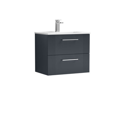 Retro 2 Drawer Wall Hung Vanity Unit with Minimalist 1 Tap Hole Ceramic Basin - 600mm - Satin Dark Grey - Balterley