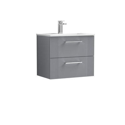 Retro 2 Drawer Wall Hung Vanity Unit with Minimalist 1 Tap Hole Ceramic Basin - 600mm - Satin Grey - Balterley