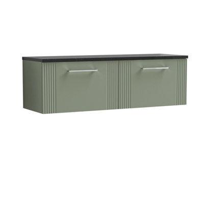 Retro 2 Drawer Wall Hung Vanity Unit with Sparkling Black Laminate Worktop - 1200mm - Satin Green - Balterley