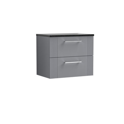 Retro 2 Drawer Wall Hung Vanity Unit with Sparkling Black Laminate Worktop - 600mm - Satin Grey - Balterley