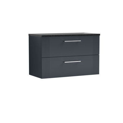 Retro 2 Drawer Wall Hung Vanity Unit with Sparkling Black Laminate Worktop - 800mm - Satin Soft Black - Balterley