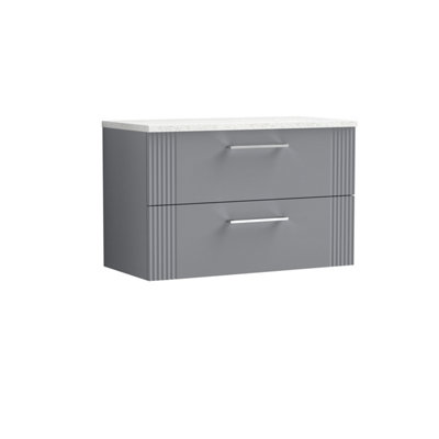 Retro 2 Drawer Wall Hung Vanity Unit with Sparkling White Laminate Worktop - 800mm - Satin Grey - Balterley