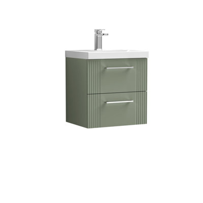 Retro 2 Drawer Wall Hung Vanity Unit with Thin-Edge 1 Tap Hole Ceramic Basin - 500mm - Satin Green - Balterley