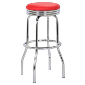 Retro Breakfast Bar Stool, Fixed Chrome Legs And Footrest, Home Bar & Kitchen Barstool, Red