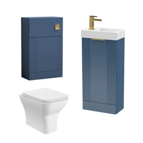 Retro Cloakroom Bundle - Fluted Floor Standing Vanity Unit, WC Unit, Cistern, Toilet Pan & Tap - Blue/Brass - Balterley