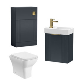 Retro Cloakroom Bundle - Fluted Wall Hung Vanity Unit, WC Unit, Cistern, Toilet Pan & Basin Tap - Anthracite/Brass - Balterley
