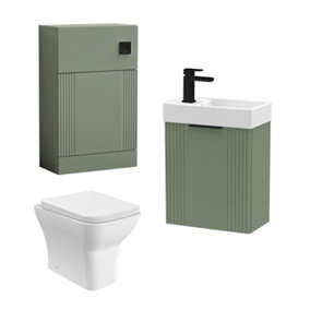 Retro Cloakroom Bundle - Fluted Wall Hung Vanity Unit, WC Unit, Cistern, Toilet Pan & Basin Tap - Green/Black - Balterley