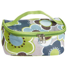 Retro Design Make Up Bag - Green Zipped Cosmetic Case with Carry Handle & Waterproof Lining - Measures H10 x W20 x D13cm