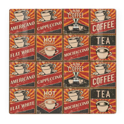 Retro Drinks Large Square Glass Worktop Protector - Hot Drinks American Diner 60s Smooth Kitchen Chopping Board