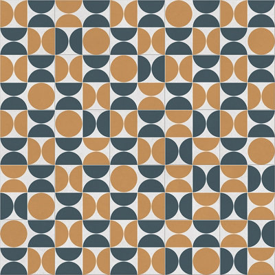 Retro Geo Tile Vinyl by Remland (Ochre Terracotta & Navy, 7m x 3m)