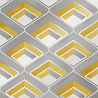 Retro Geometric 3D Effect Wallpaper In Mustard And Grey