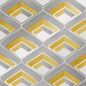 Retro Geometric 3D Effect wallpaper in mustard & grey