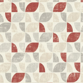 Retro Geometric Wallpaper Rasch Paste The Wall Vinyl Textured Grey Red Cream