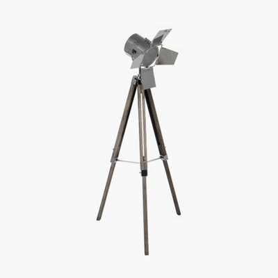 Retro Grey Wood and Silver Metal Film Tripod Floor Lamp