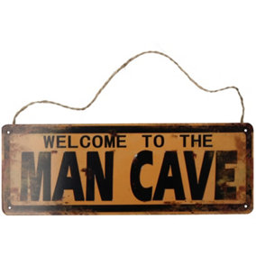 Retro Hanging 'Welcome To Man Cave'Metal Sign PrePunched Holes 13x36cm