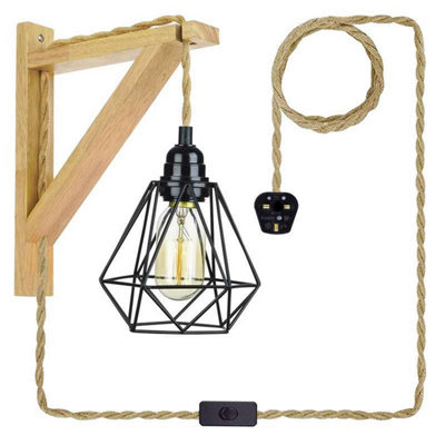Retro Industrial Plug in hemp rope Wall Light Cord with diamond shade ...