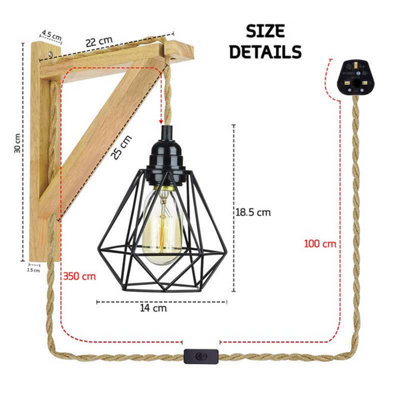 Retro Industrial Plug in hemp rope Wall Light Cord with diamond shade ...