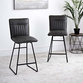 Retro Industrial style faux leather bar stool with foot rest black legs - Hardy Bar Stool - Grey (Set of 2)