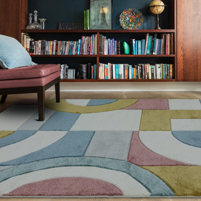 Retro Multi Modern Geometric Easy To Clean Dining Room Rug-120cm X 170cm