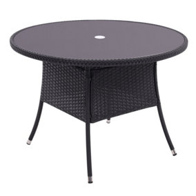Retro Round Garden Wicker Rattan Tempered Glass Top Outdoor Patio Dinging Table with Parasol Hole, Black 105 cm