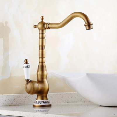 Retro sink faucet - single ceramic handle, antique brass, vintage style