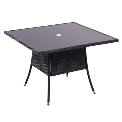 Retro Square Garden Wicker Rattan Tempered Glass Top Outdoor Patio Dinging Table with Umbrella Hole Black 105 cm