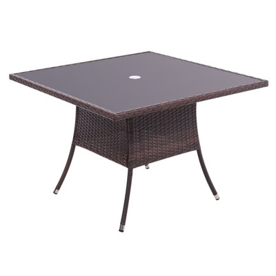 Retro Square Garden Wicker Rattan Tempered Glass Top Outdoor Patio Dinging Table with Umbrella Hole Brown 105 cm
