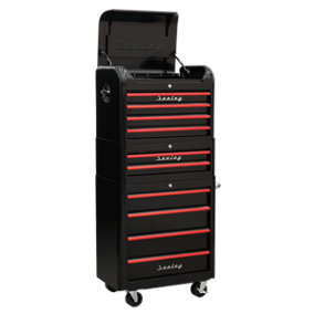 Retro Style Topchest, Mid-Box & Rollcab Combination 10 Drawer Black&Red (Sealey AP28COMBO2BR)