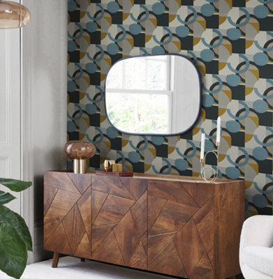 Retro wallpaper in a living room with a wooden side table.