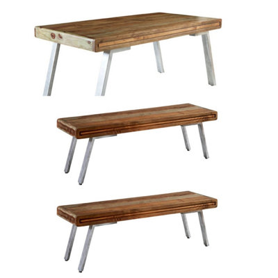 Retro Wood And Metal Large Dining Table Set With 2 Benches