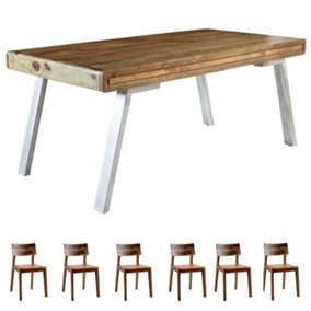 Retro Wood And Metal Large Dining Table Set With 6 Chairs