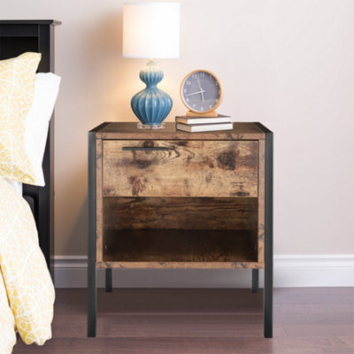 Retro Wooden Frame Bedside Table Nightstand with 1 Drawer and Open Front Storage Compartment