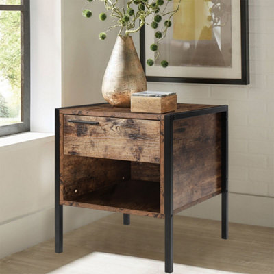 Retro Wooden Frame Bedside Table Nightstand with 1 Drawer and Open Front Storage Compartment