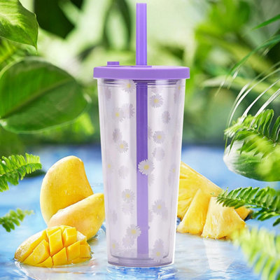 Reusable Boba Cup Double Wall Insulated Smoothie Tumbler with Resealable Lid 20oz &Wide Straw Bubble Tea Cup for Milk Tea (Purple)