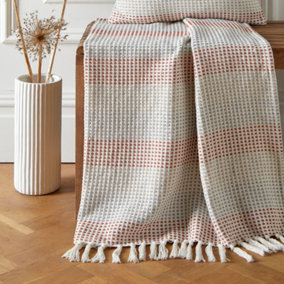 Reva 100% Cotton Bedspread Throw Woven Stripes With Tasselled Edges
