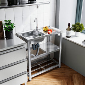 Reversible 1 Compartment Commercial Floorstanding Stainless Steel Kitchen Sink with 2 Tier Storage Shelf